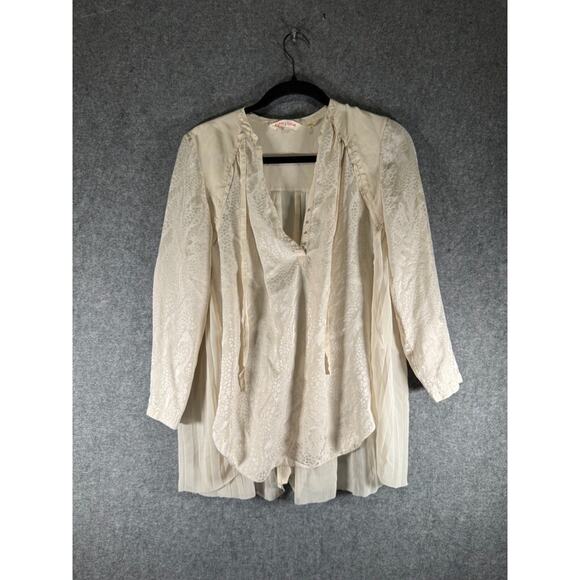 Rebecca Taylor Blouse Women 2 Beige Long Sleeve Silk V Neck Relax Boho Quiet Lux - Picture 1 of 7